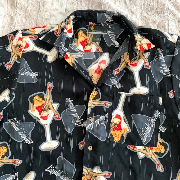 Vintage Black Pin Up Martini Glass Button Up Shirt - Picture 7 of 10